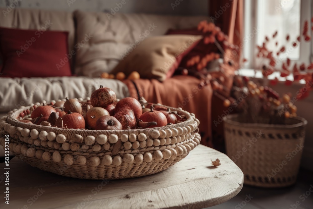 Antique white and red living room closeup. Sofa, autumn themed rattan table. acorn and dried leaf va