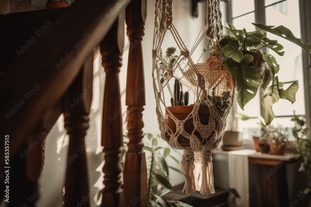 A handcrafted boho macrame plant hanger with devils ivy on the wooden staircase. Bohemian living ro