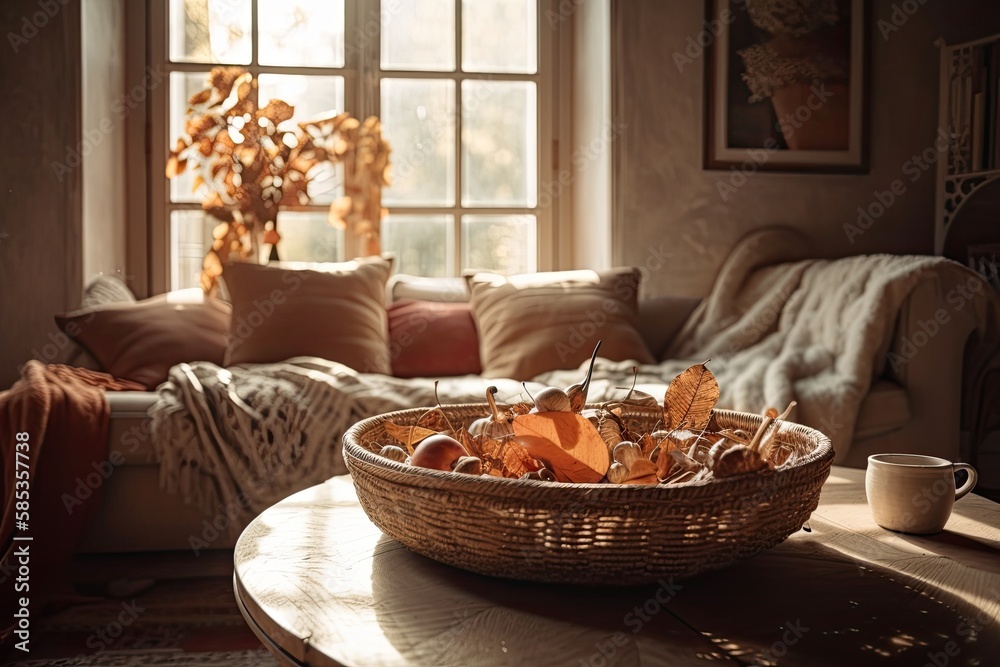 Blurred living room. Sofa, autumn themed rattan table. acorn and dried leaf vase. Boho chic, autumn 