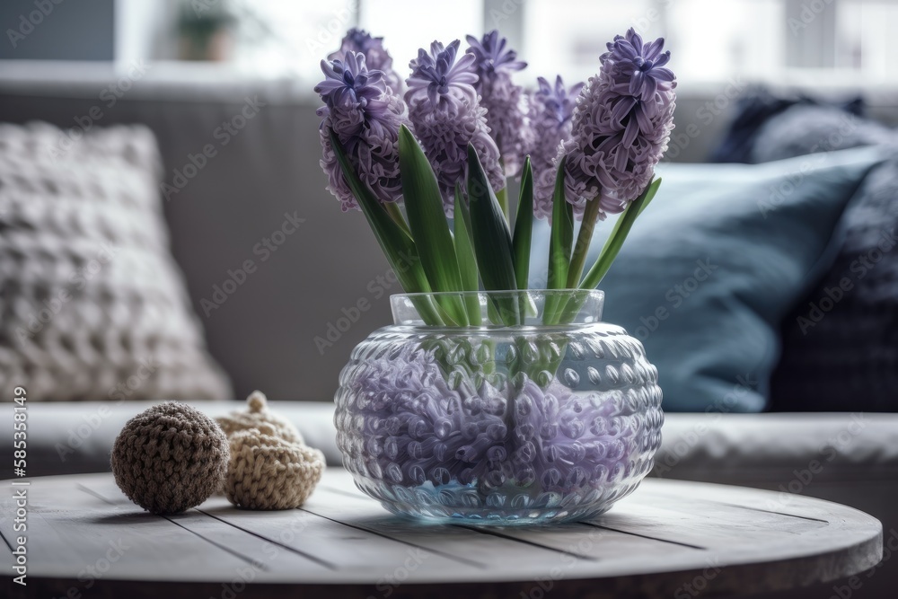 hyacinth vase in bohemian living room. Generative AI