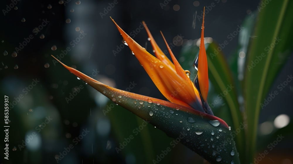 Closeup of Strelitzia reginae tropical plant leaves with rain drops. Green natural backdrop. Generat