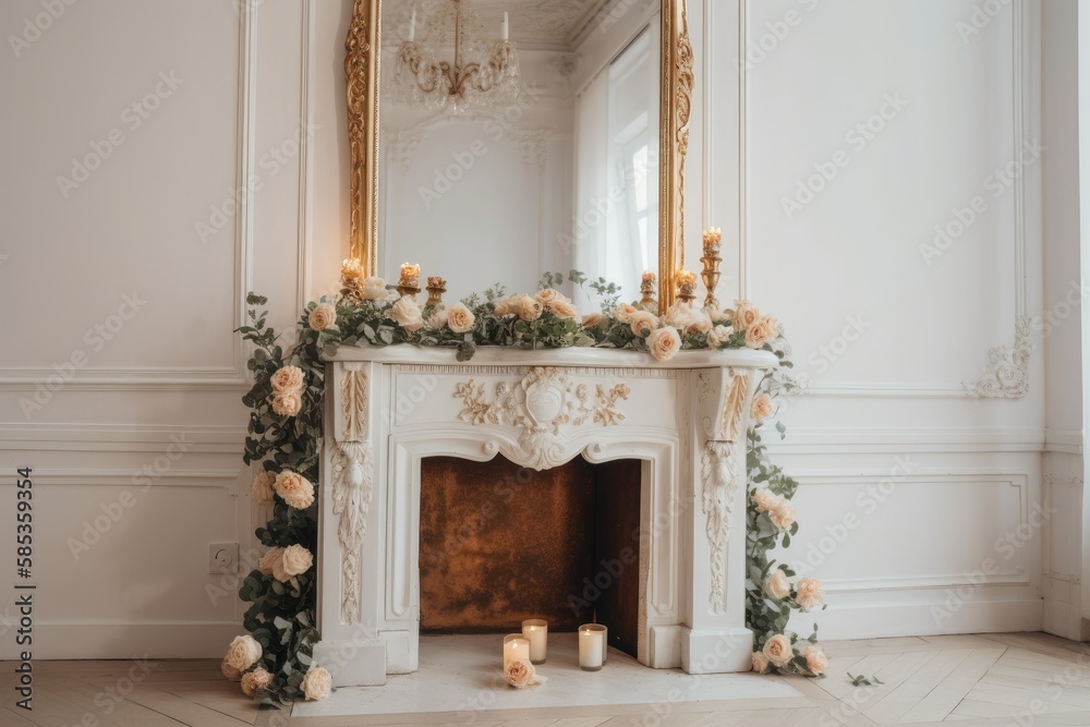 white fireplace with flowers and gold mirror. light traditional room with fireplace and fake flowers