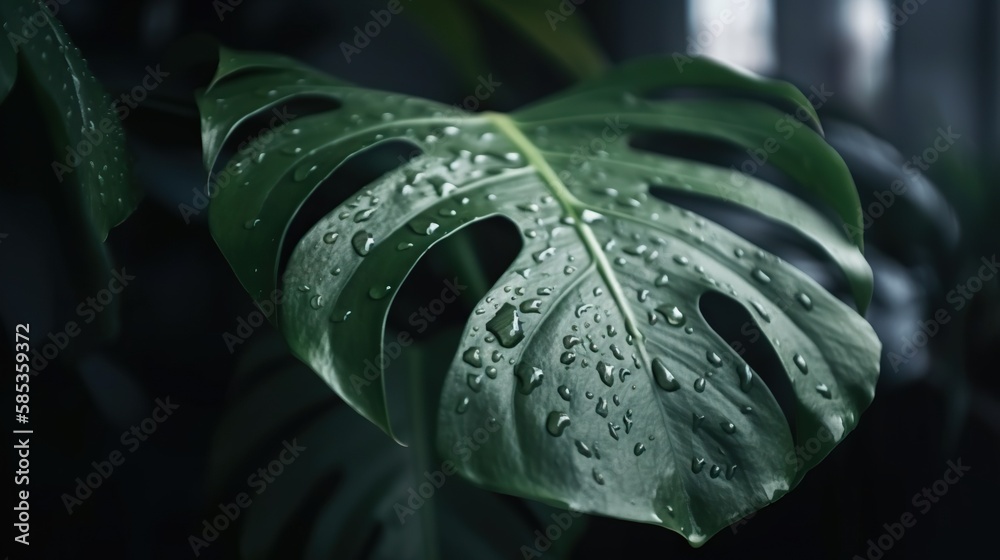 Closeup of Monstera tropical plant leaves with rain drops. Green natural backdrop. Generative AI