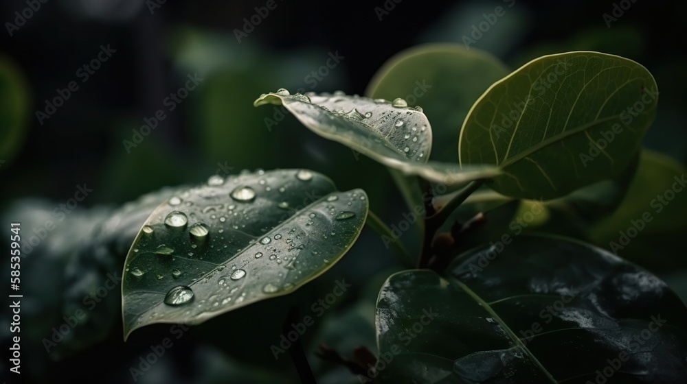 Closeup of ficus tropical plant leaves with rain drops. Green natural backdrop. Generative AI