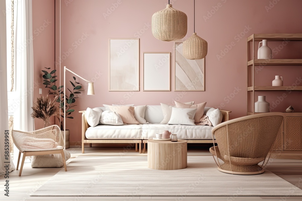 Boho living room with white comfy couch and wooden furniture in pink interior backdrop, poster frame