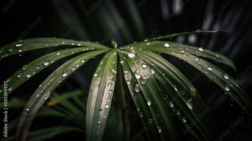 Closeup of Kentia Palm tropical plant leaves with rain drops. Green natural backdrop. Generative AI