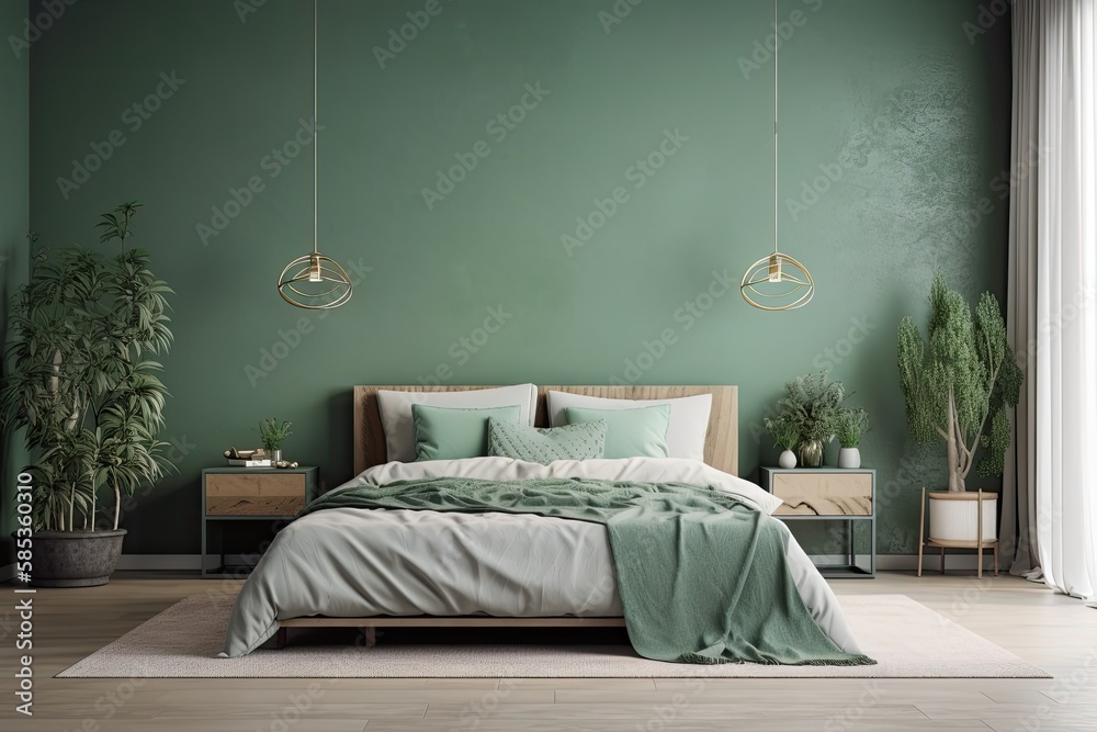 Bedroom mockup wall on green wall backdrop. Generative AI