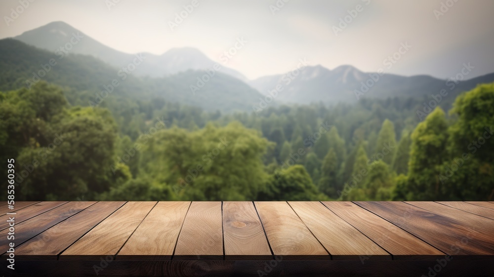 Wood table mockup with scenic green forest on background. Empty copy space for product presentation.