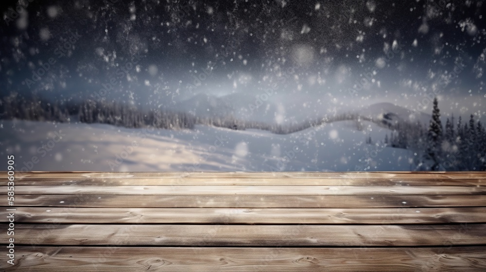 Wood table mockup with falling snow on background. Empty copy space for product presentation. Genera