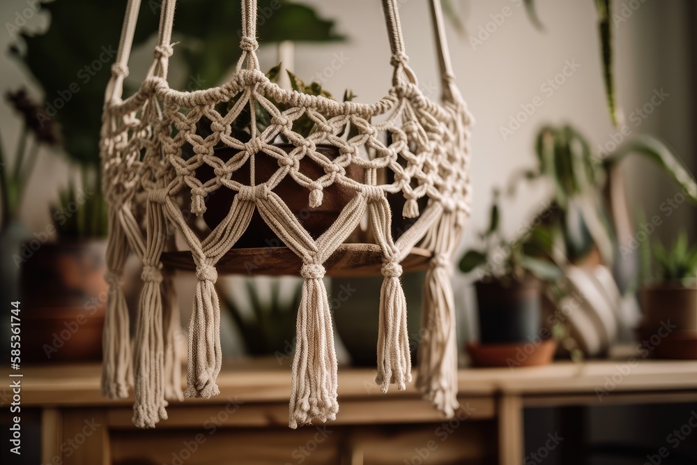 Closeup of handmade macrame shelf planter hanger for indoor plants, rattan shelf, gray couch, poster