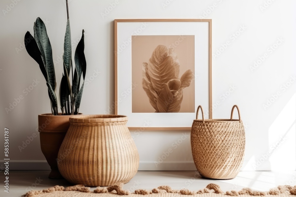 Blank vertical frame. Boho interior mockup. Gratis photo poster copy space. Rattan basket, cat, plan