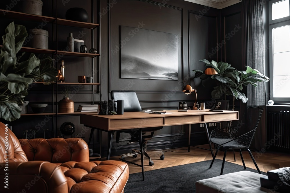 Modern freelancing home office decor. Brown detail wall, grey couch, wood table, black chair laptop 