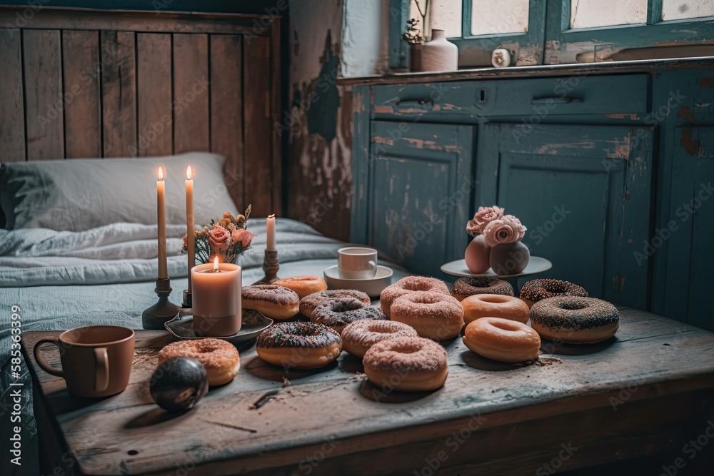 Donuts and coffee on wooden table. Bedroom with patio. Bohemian nature home. Generative AI