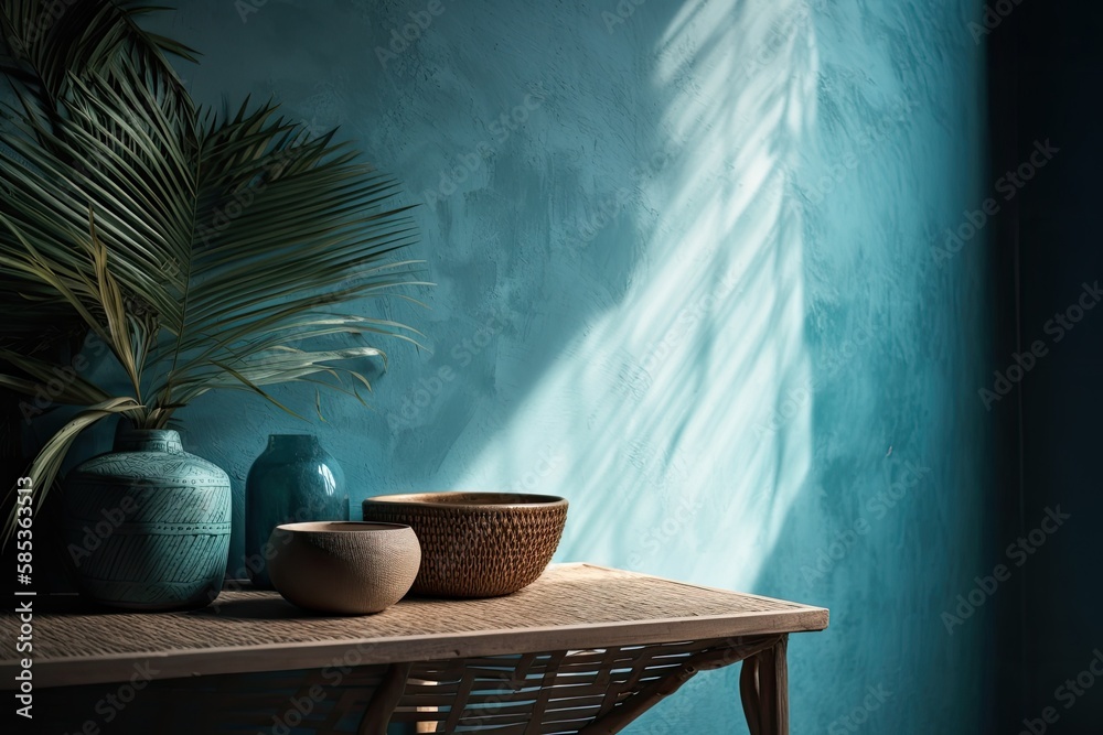 Simple product placement backdrop with palm shadow on blue plaster wall. Summer luxury interior desi