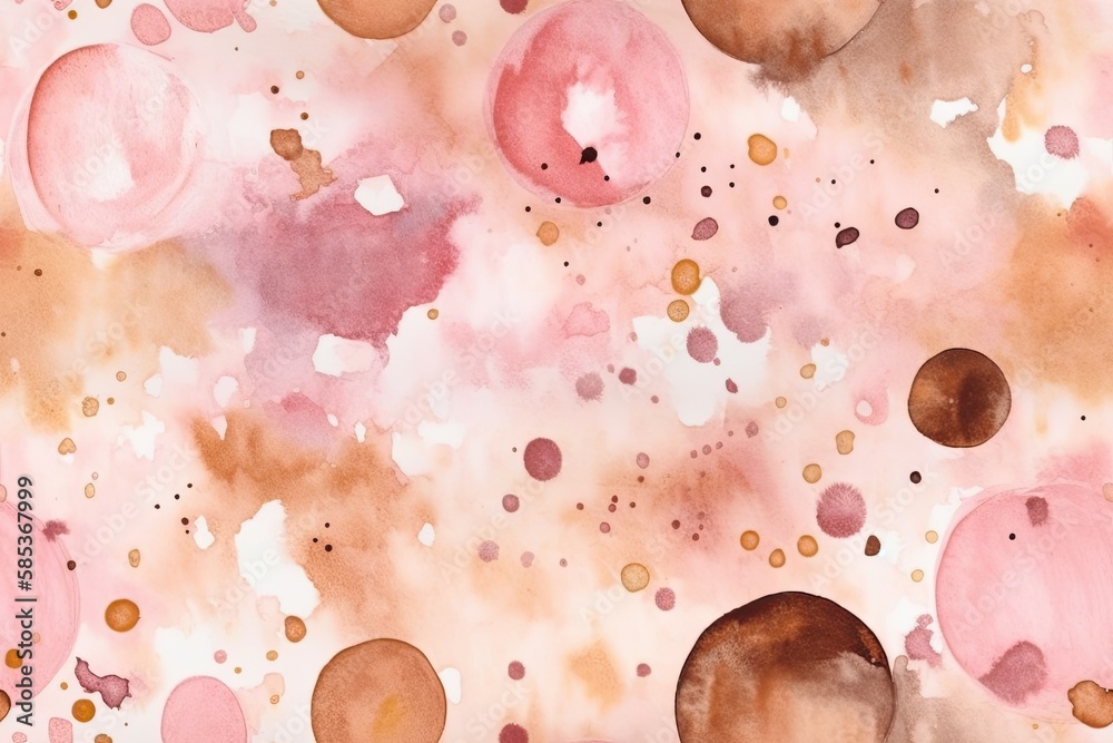 Watercolor seamless polka dot pink brown and stars. Isolated. Drawings. Card, postcard, tags, invita