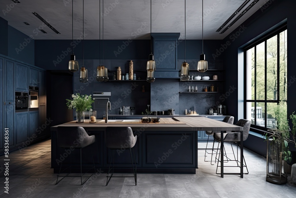 Contemporary kitchen with dark blue wall. Generative AI