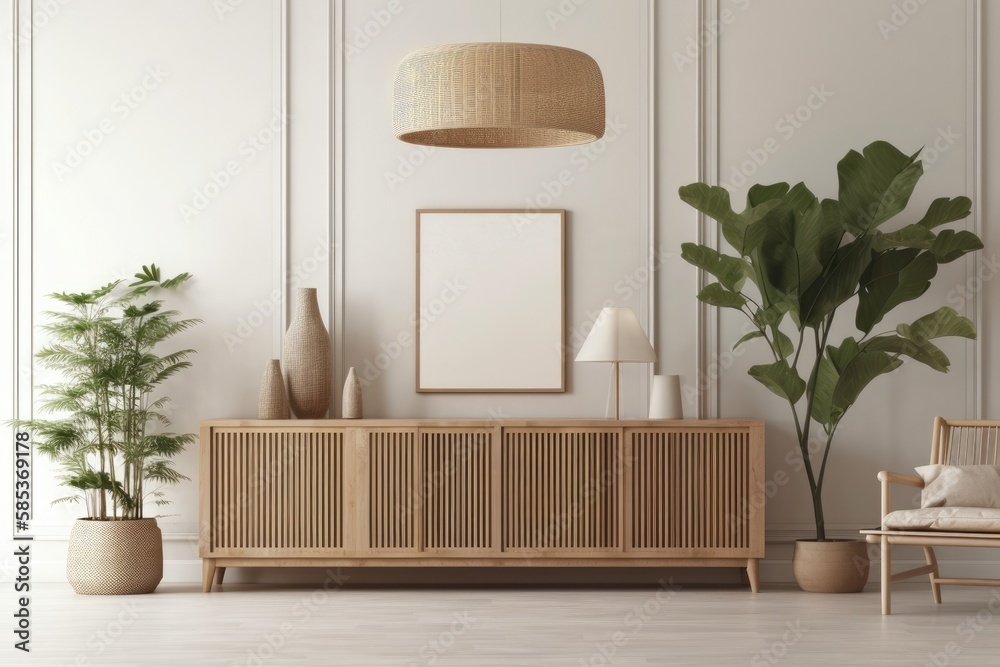 Minimalist interior wall mockup with wooden slat sideboard, green plants, and light on blank white b