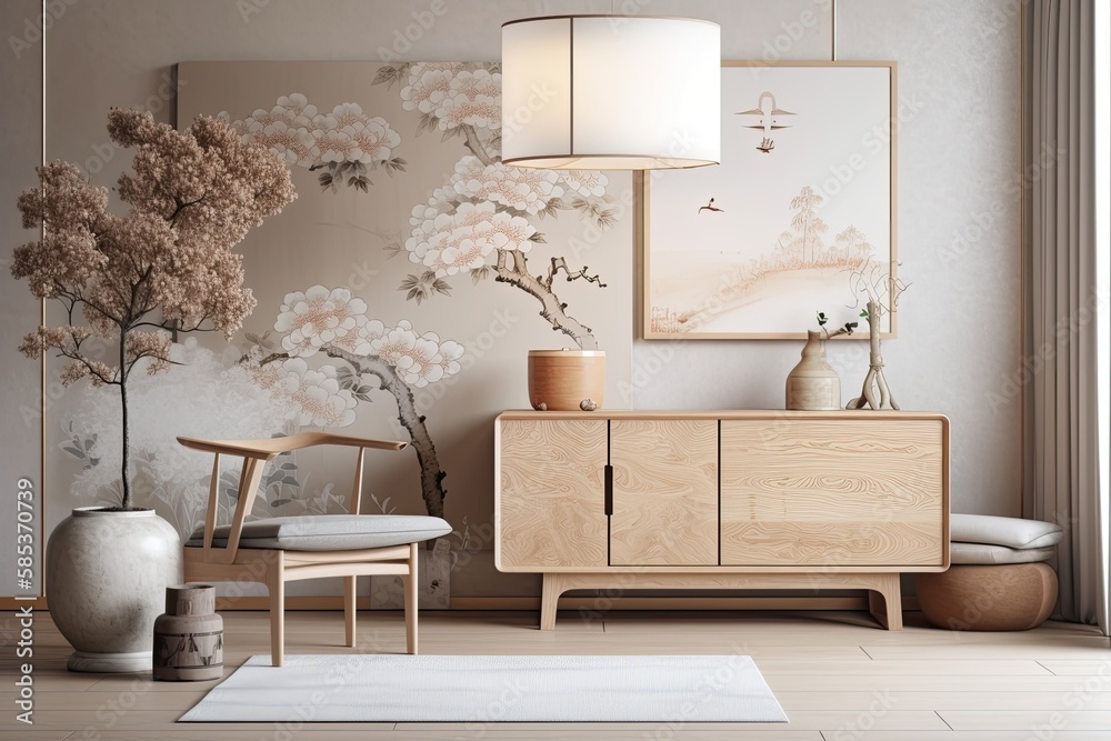 White and beige Japanese living room. Wooden dresser with wall mockup. Wallpaper, parquet. Modern de