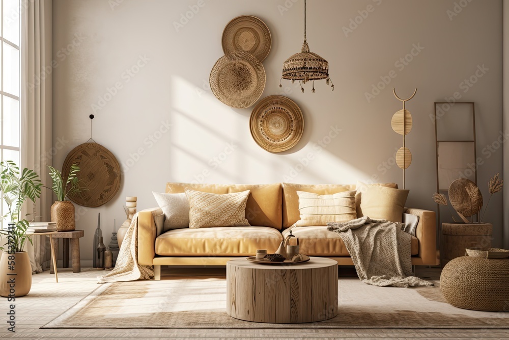 Boho living room. Empty wall mockup. Wall art. Beige wall. Generative AI