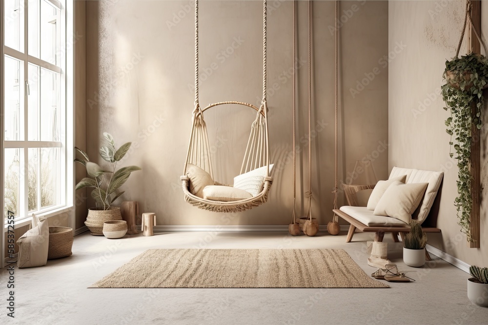 Boho composition with swing, window, commode, and bench. Beige carpet, brown slippers. White. Templa