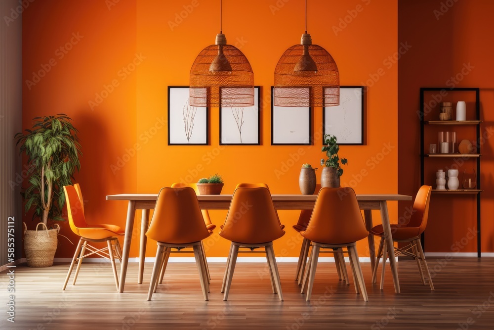 Dining room in orange. mockup. Generative AI