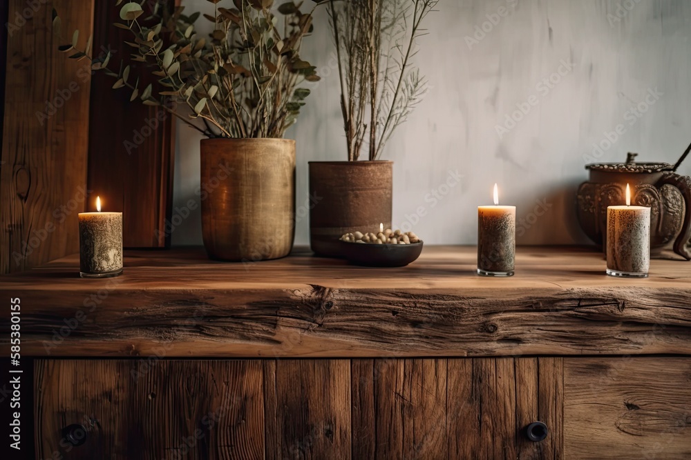 Shuttered wooden table top, cabinet, panel, or shelf. Olive branch vase with candles. Bohemian timbe