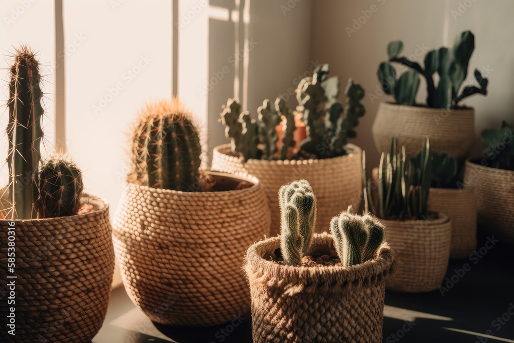 Beautiful potted cactus, text space. Decor. Generative AI