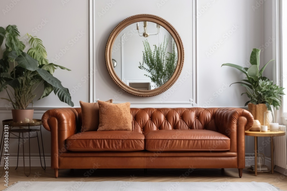 Contemporary living room with brown eco leather sofa, soft cushions, golden mirror, copy space image