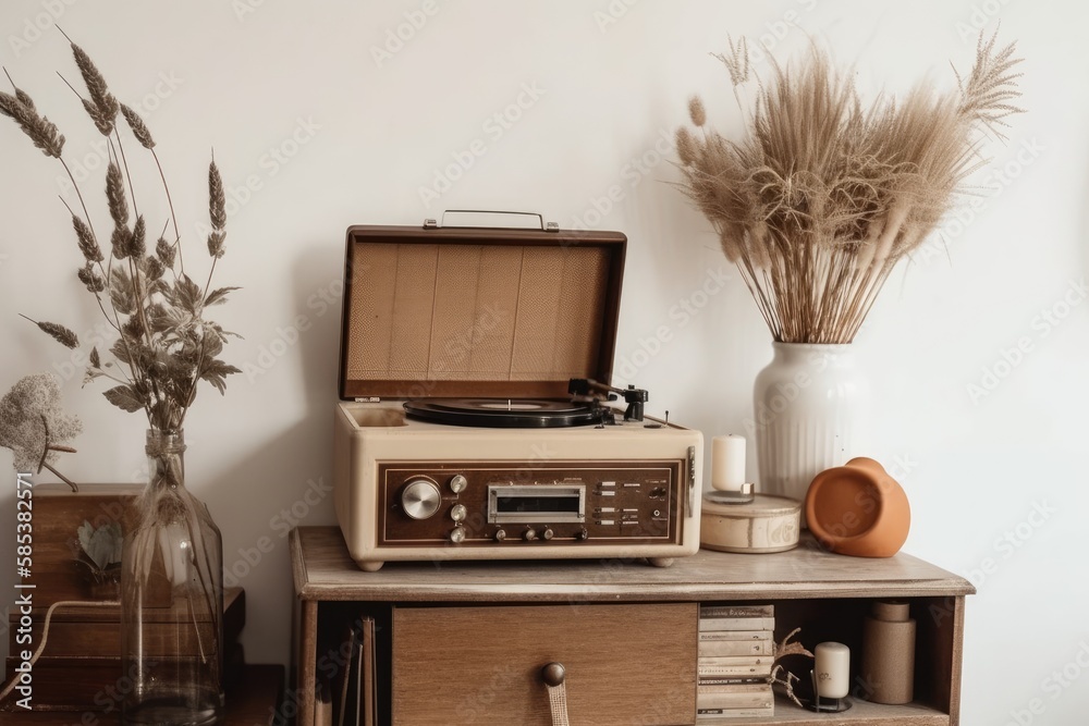 Vintage record player with vase of dried plants against white copy space wall. Retro living room ite