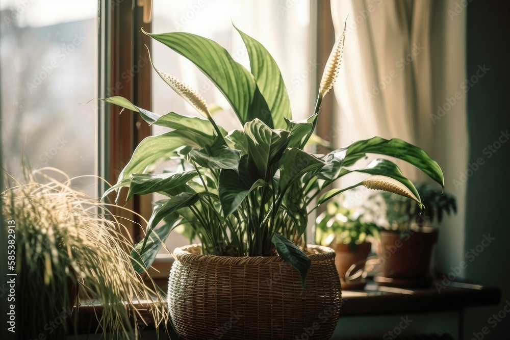 Spathiphyllum in straw pot on windowsill. Windowsill plants. home gardening. Home window flowerpot w