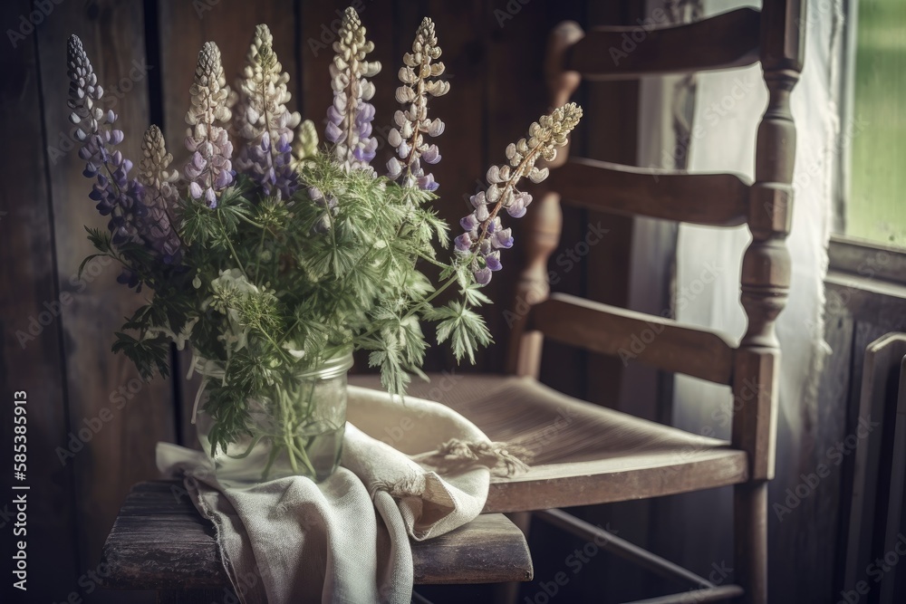 Lupine flowers in rustic room. Countryside summer decor. Lupin bouquet and scissors on wooden countr