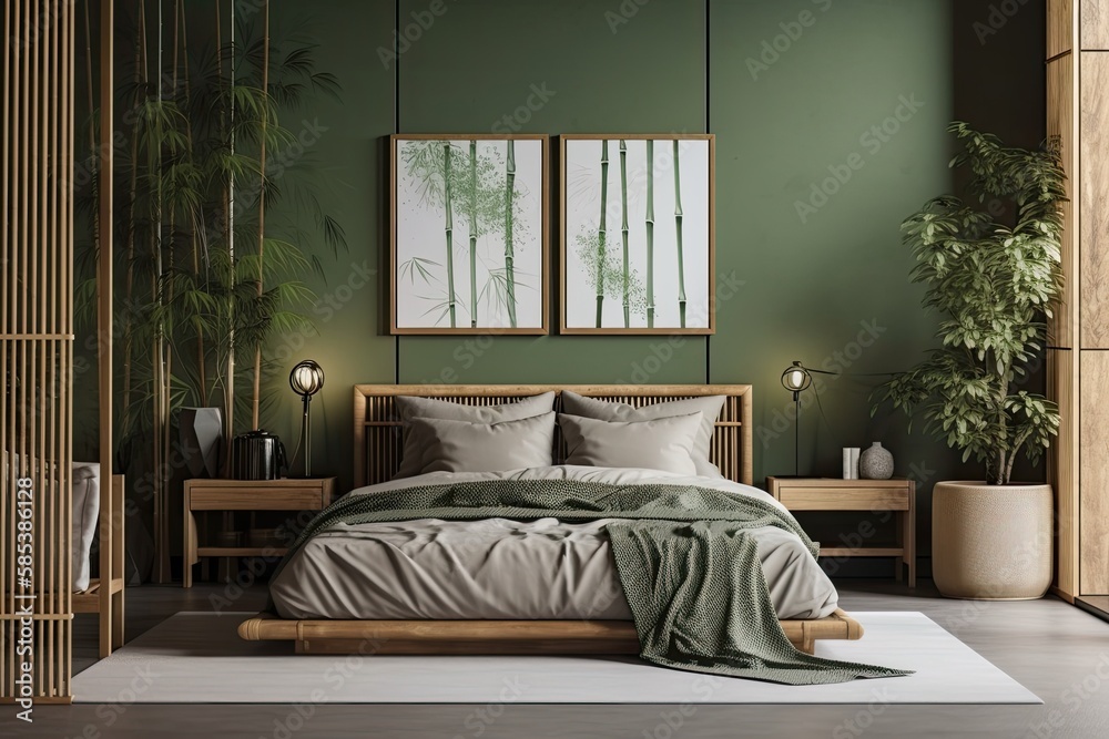 Modern bedroom with imitation poster frame, bamboo bed, night table, plants, folding screen, and ima