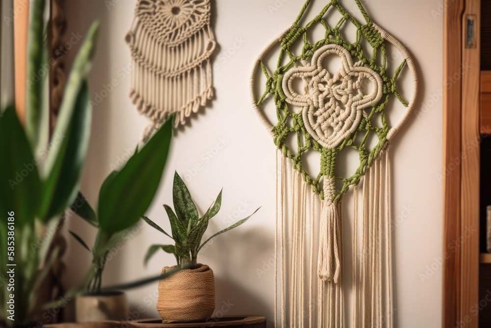 avocado green and sand macramé wall hanging with lotus symbol, white wall, and green plant. Hand kno