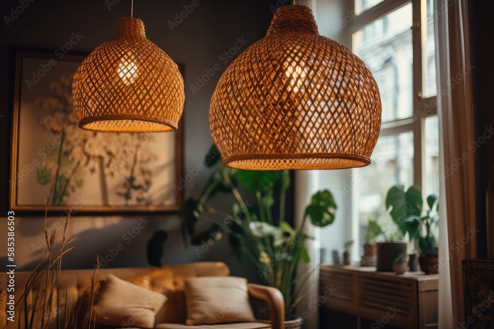 Two natural material wicker lampshades hanging in the living room. boho chic lighting. bamboo lamp. 