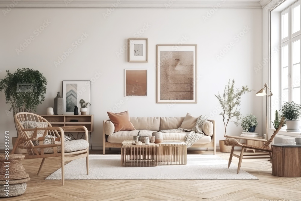 Classic living room decor. Pale room. Scandi Boho. Generative AI