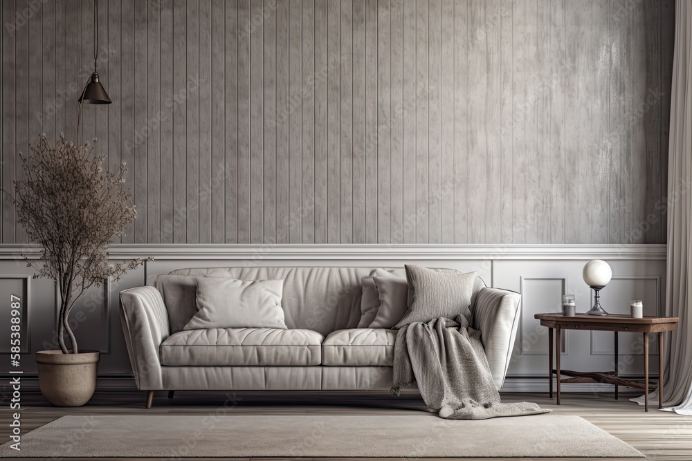 Retro white and gray wooden living room. Fabric couch, parquet, decors, and wall mockup. Farmhouse d