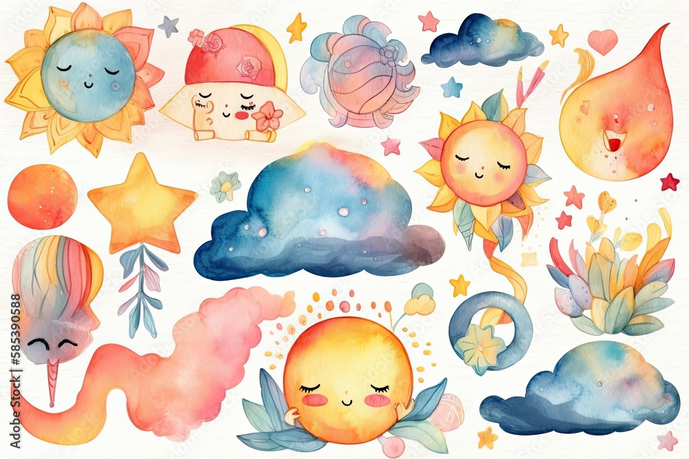 Watercolor boho clipart for nursery decorating with adorable rainbows, moon, sun, clouds. Hand drawn