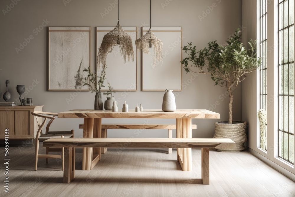 Japandi dining room with white and bleached hardwood minimalist table. Wall mockup. Minimalist inter