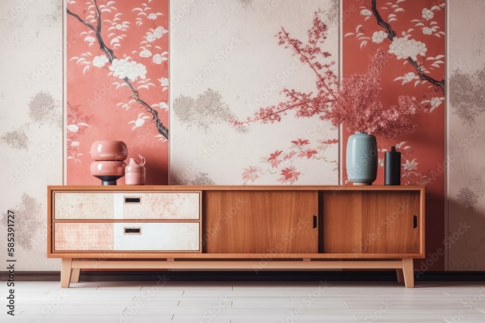 White and red Japanese living room. Wooden dresser with wall mockup. Marble floor, wallpaper. Modern