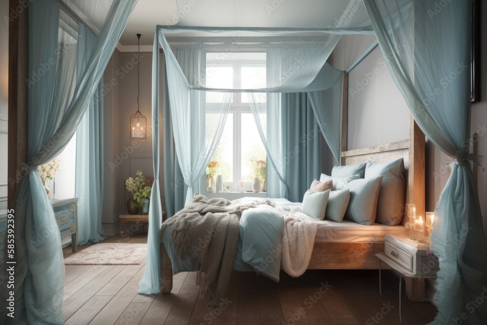 Warm romantic design of big light blue bedroom with silk canopy drapes above comfy doubles bed. Gene