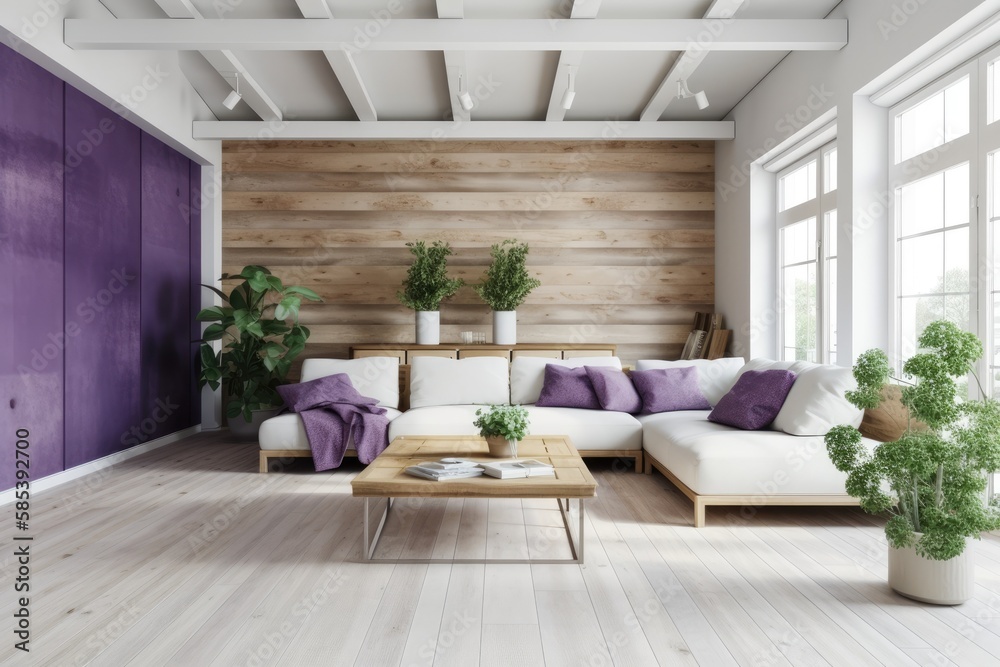 Contemporary white and violet timber living room. Fabric couch, parquet floor, window, and decors. J