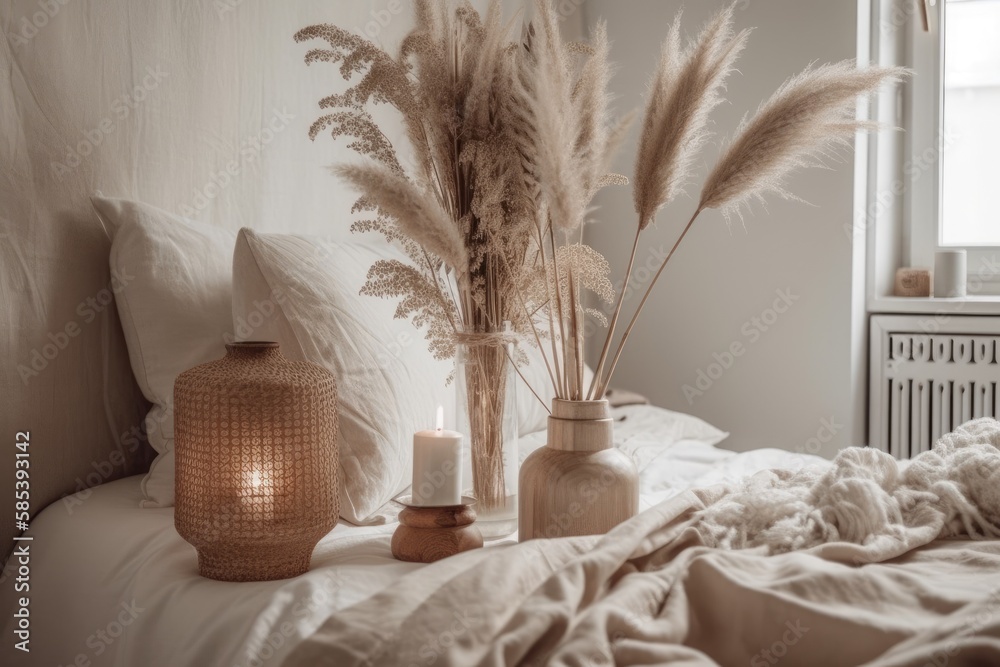 White Scandinavian Boho bedroom. Pampas grass arrangement in bedside vase. Generative AI