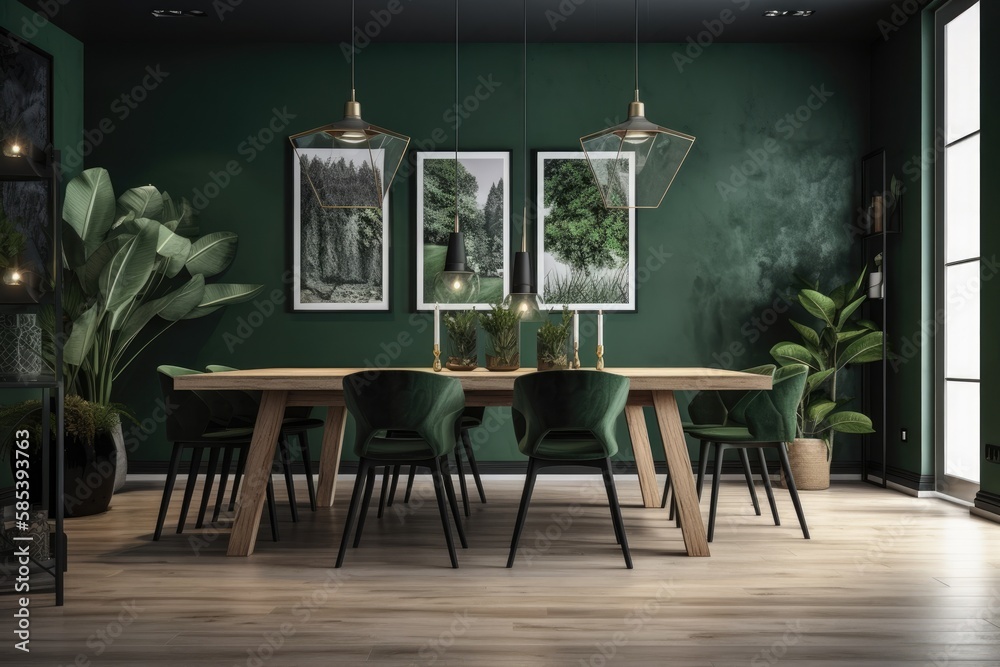 Green dining room with plants and décor. Illustration mockup. Generative AI