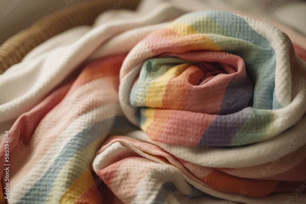 Baby rainbow silky towel. Boho baby accessories in nursery. Generative AI