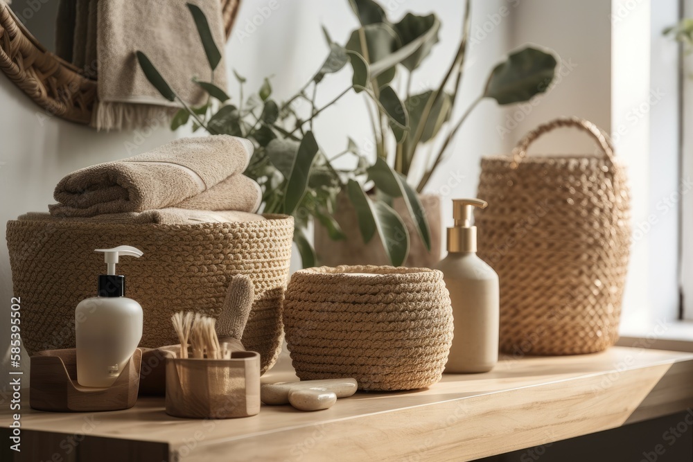 Woven jute baskets with toiletries on light wood Room stand. natural eco interiors, bohemian or rura