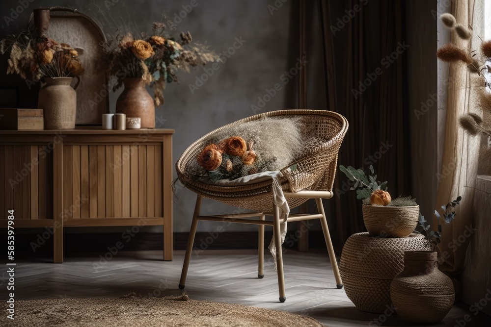 Rattan chair, dried flowers, cap, side table. Contemporary minimalist living room design. Luxurious 