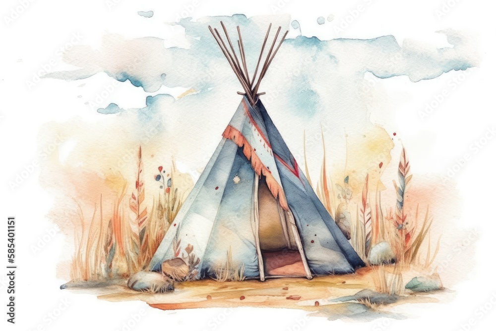 Bohemian wigwam watercolor. Great for postcard, poster, and sticker design. Generative AI