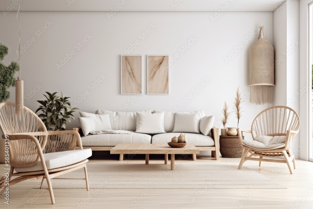 White living room wall. Boho interior mockup. Free copy space for your image, text, or design. Chair