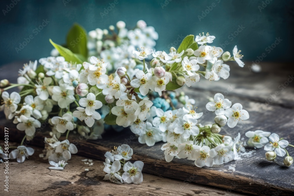 Spring blossoms on rustic backdrop. Remember myosotis petals. Rural life, house decor. Generative AI