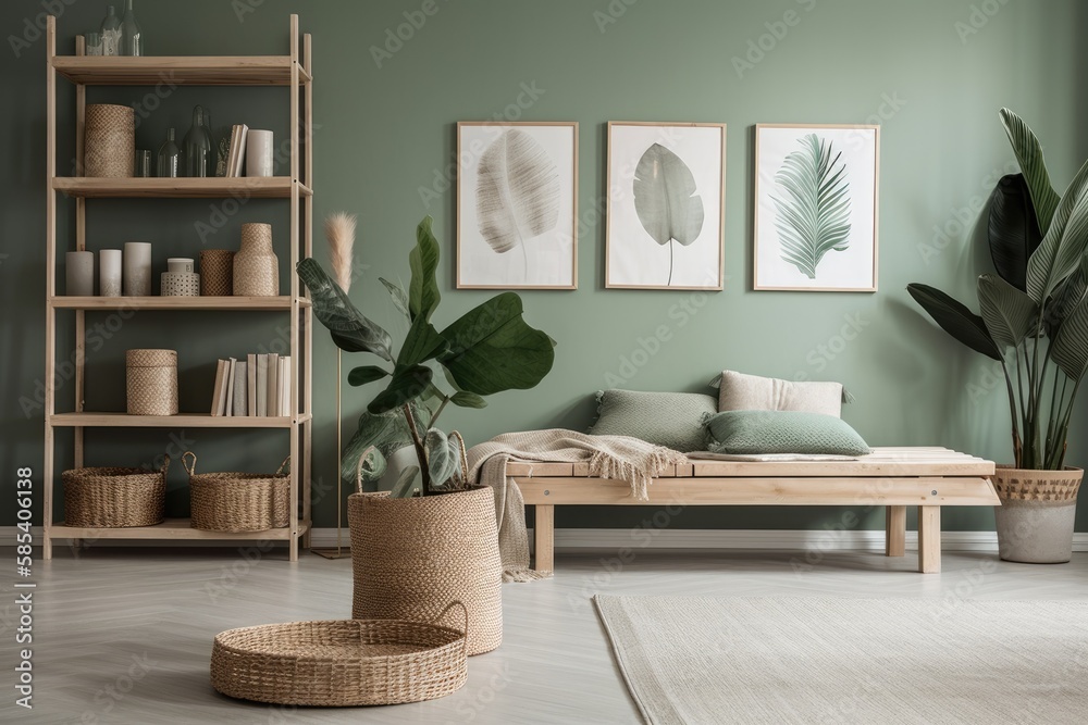 Minimalist apartment living room with trendy shelf, vase with tropical leaf, and attractive personal